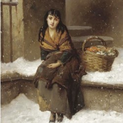 A woman in the snow with a grocery basket